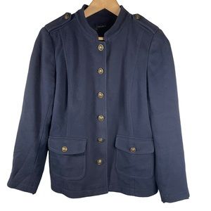Talbots Navy Blue Band Jacket Size 12 Military Style Knit Blazer Preppy Classic
